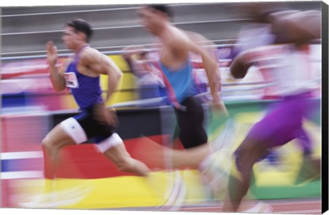 Framed Side profile of three men running on a running track Print