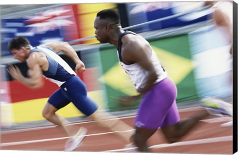 Framed Side profile of two young men running on a running track Print