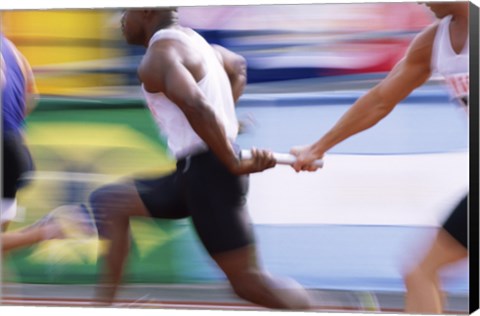 Framed Side profile of three men passing a relay baton Print