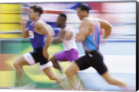 Framed Side profile of three men running on a track Print