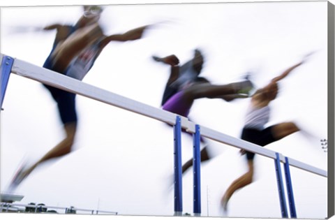 Framed Low angle view of three men jumping over a hurdle Print