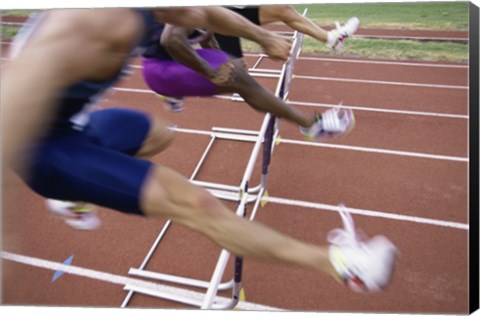 Framed Side profile of three people jumping a hurdle Print