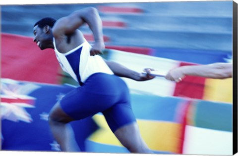 Framed Side profile of runners passing a baton in a relay race Print