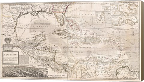 Framed 1732 Herman Moll Map of the West Indies, Florida, Mexico, and the Caribbean Print