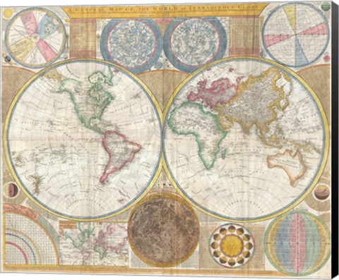 Framed 1794 Samuel Dunn Wall Map of the World in Hemispheres Print