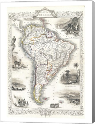 Framed 1850 Tallis Map of South America Print