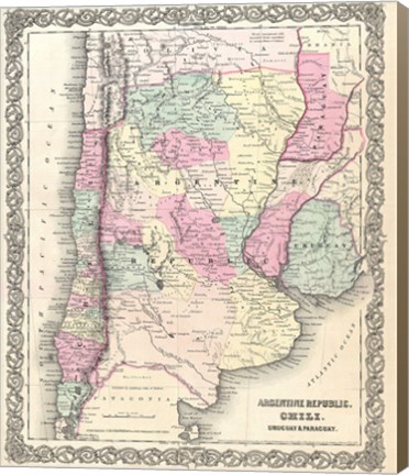 Framed 1855 Colton Map of Argentina, Chile, Paraguay and Uruguay Print