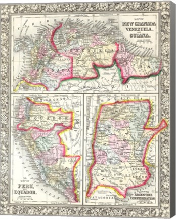Framed 1860 Mitchell&#39;s Map of Peru, Ecuador, Venezuela, Columbia and Argentina Print