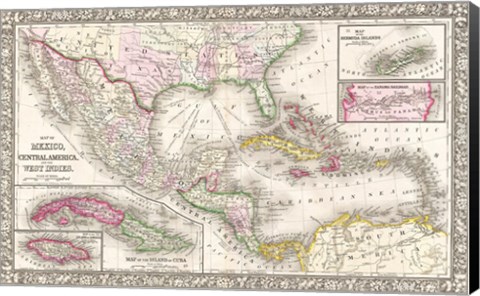 Framed 1866 Mitchell Map of Mexico and the West Indies Print