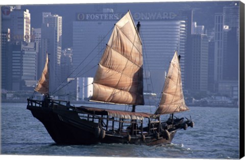 Framed Chinese Junk sailing in the sea, Hong Kong Harbor, Hong Kong, China Print