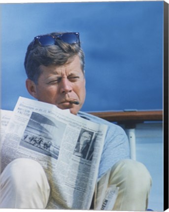 Framed President Kennedy Reading the New York Times Print