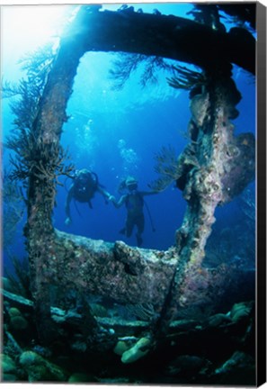 Framed Scuba diver investigating shipwrecks Print