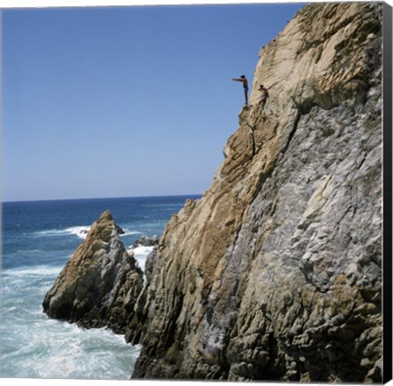 Framed Mexico, Acapulco, La Quebrada, Cliff divers on cliff Print