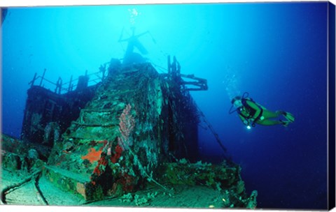 Framed Scuba diver watching a shipwreck underwater Print