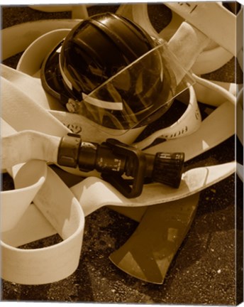 Framed Close-up of a firefighter&#39;s helmet on a fire hose Print