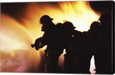 Framed Firefighters Extinguishing A Fire With Water Print