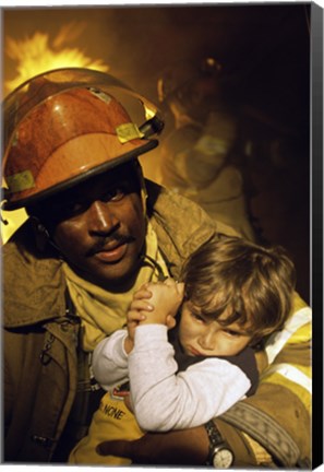 Framed Firefighter carrying a boy Print