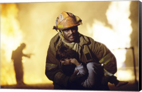 Framed Firefighter carrying a boy Print