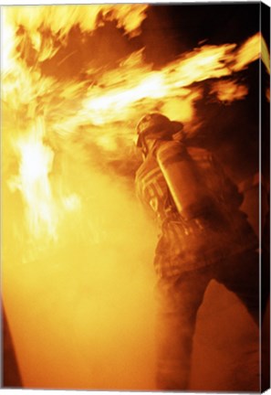 Framed Fireman fighting with fire flames Print