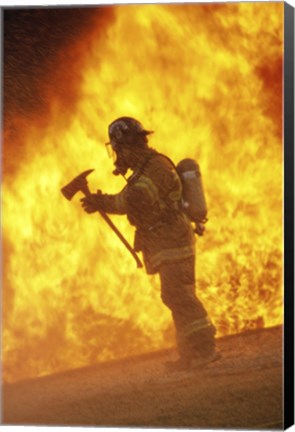 Framed Side profile - firefighter holding an axe Print