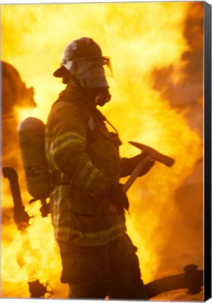 Framed Side profile of a firefighter (holding axe) Print