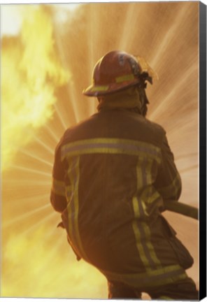 Framed Rear view of a firefighter extinguishing a fire Print