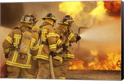 Framed Rear view of a group of firefighters extinguishing a fire and flames Print