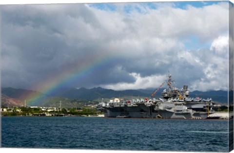 Framed US Navy, A Rainbow Arches Near the Aircraft Carrier USS Kitty Hawk Print