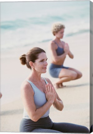 Framed Young woman and a mid adult woman meditating on the beach Print