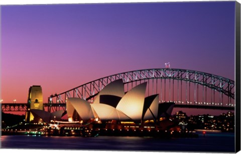 Framed Opera house lit up at night, Sydney Opera House, Sydney Harbor Bridge, Sydney, Australia Print