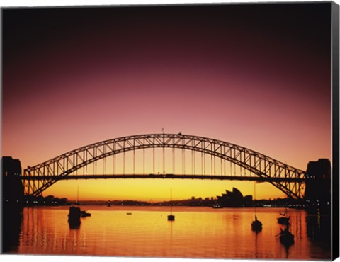 Framed Silhouette of a bridge across a harbor, Sydney Harbor Bridge, Sydney, New South Wales, Australia Print