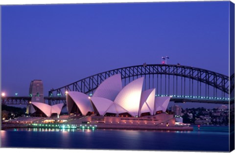 Framed Opera house lit up at dusk, Sydney Opera House, Sydney Harbor Bridge, Sydney, Australia Print