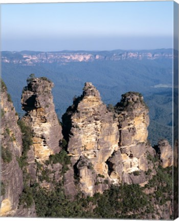 Framed High angle view of rock formations, Three Sisters, Blue Mountains National Park, Katoomba, Australia Print