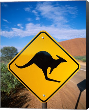 Framed Kangaroo sign on a road with a rock formation in the background, Ayers Rock Print