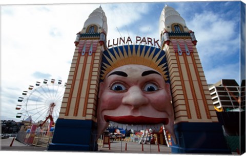 Framed Low angle view of the entrance to an amusement park, Luna Park, Sydney, New South Wales, Australia Print
