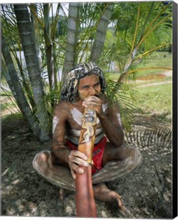 Framed Aborigine playing a didgeridoo, Cairns, Queensland, Australia Print