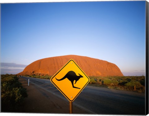 Framed Kangaroo sign on a road with a rock formation in the background, Ayers Rock Print