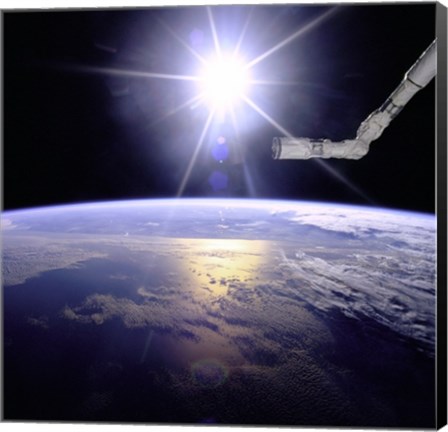 Framed Robot Arm Over Earth with Sunburst Print