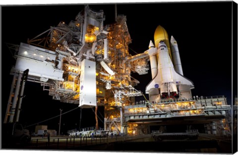 Framed STS-135 Atlantis and payload canister on Launch Pad Print