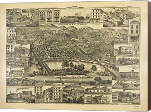 Framed Topographic View of the City of Reading PA. 1881 Print