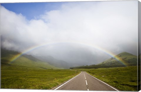 Framed Scotland, Highland Region, Empty Road and Rainbow Print