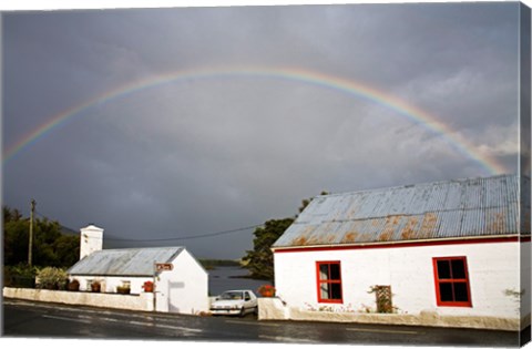 Framed Rainbow over a cottage, Cloonee Lakes, County Kerry, Munster Province, Ireland Print