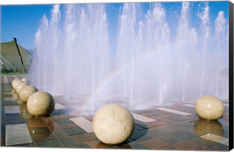 Framed USA, California, Stockton, Weber Point Events Center, Rainbow created by water splashing from fountain Print