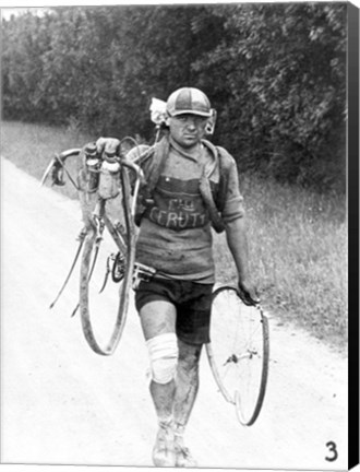 Framed Italian Giusto Cerutti has a broken wheel after a fall. Tour de France 1928 Print