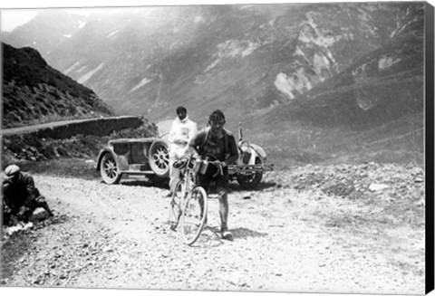 Framed Belgian Maurice Geldhof is climbing part of the Aubisque on foot. Tour de France 1928 Print