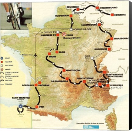 Framed Tour de France 1992 map Print