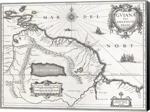 Framed 1635 Blaeu Map Guiana, Venezuela, and El Dorado Print