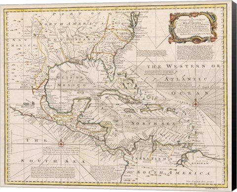 Framed 1720 Map of the West Indies with the Adjacent Coasts of North and South America Print