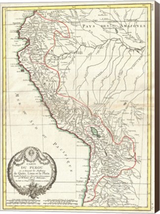 Framed 1775 Bonne Map of Peru, Ecuador, Bolivia, and the Western Amazon Print