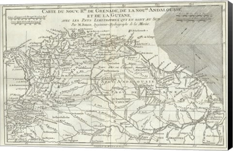 Framed 1780 Bonne Map of Northern South America, Columbia, Venezuela, Brazil Print